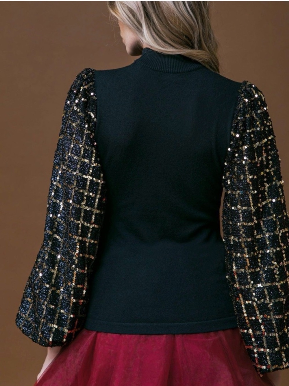 Black Mock-Neck Sweater with Sequin Puff Sleeves - Picture 4 of 9